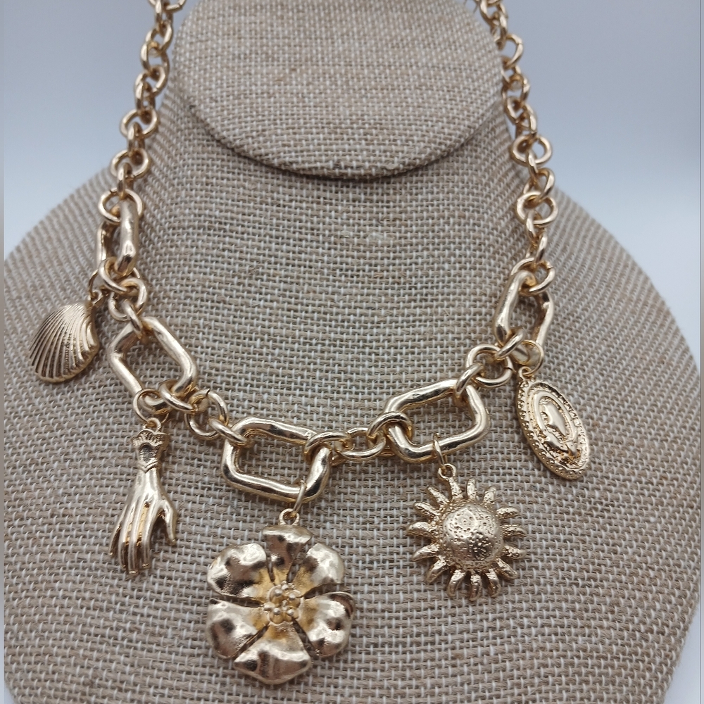 Nordstrom's Melrose & Market Charm Necklace - Heavy Gold Tone Chain & Charms NWT